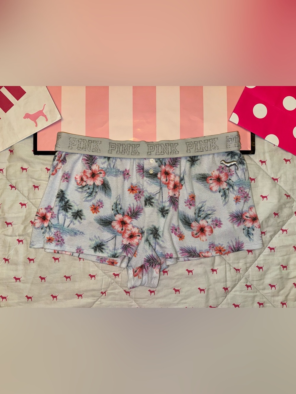 VS PINK FOLDOVER KNIT SHORTS TROPICAL FLORAL HIBISCUS EMBROIDERED DOG LOGO RARE